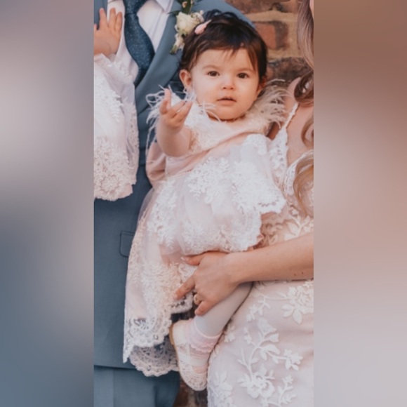 12 Months Sequin and Lace Pink Dress with Floral Embroidery Train Pearl Belt - Picture 2 of 16